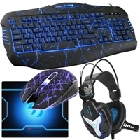 炫光 背光裂紋鼠標耳機三件套有線套裝 CF/LOL游戲鍵盤鼠標耳機 裂紋鍵盤+R12耳機